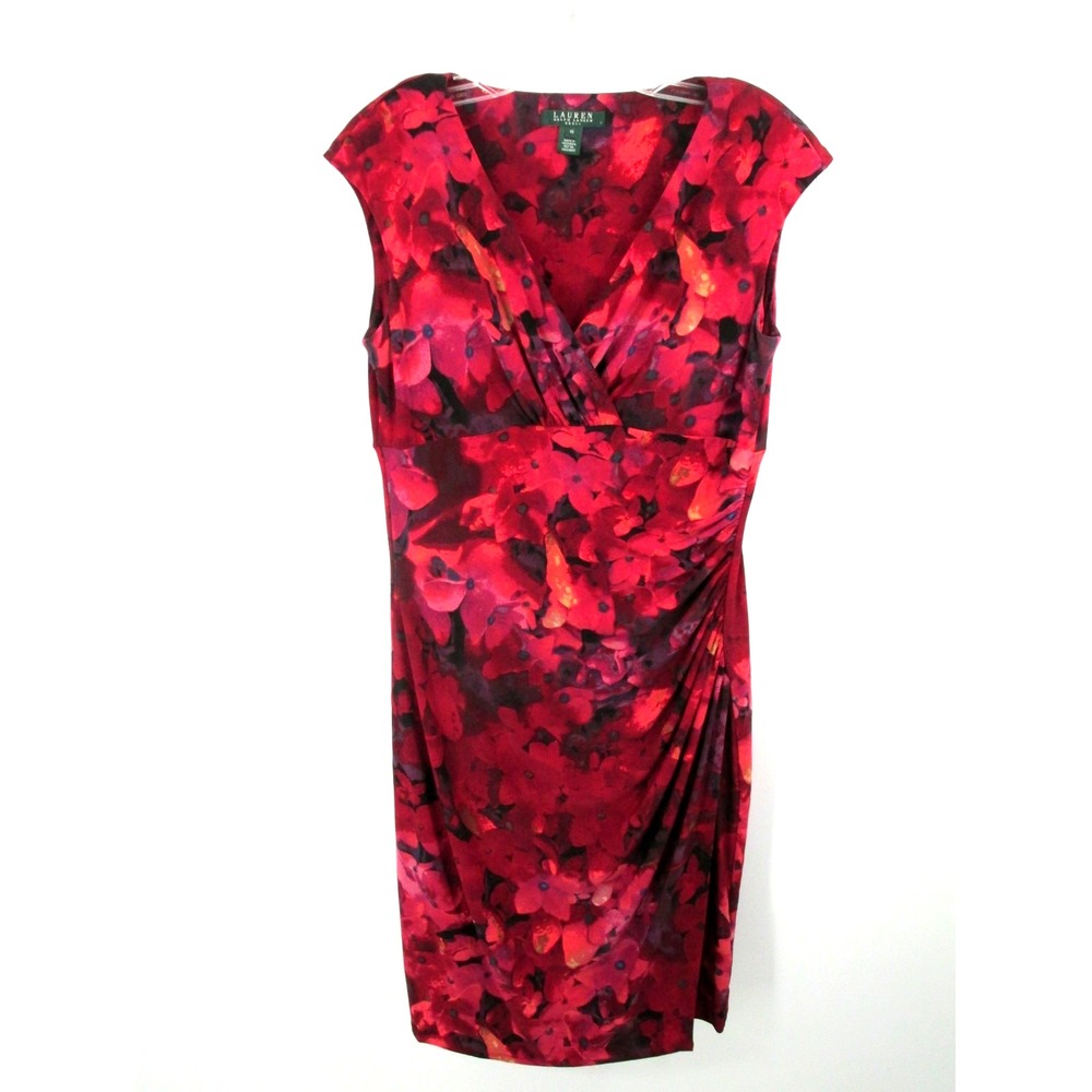 LAUREN RALPH LAUREN Midi Sheath Dress Women 10 Red Floral Ruched V-Neck Tropical